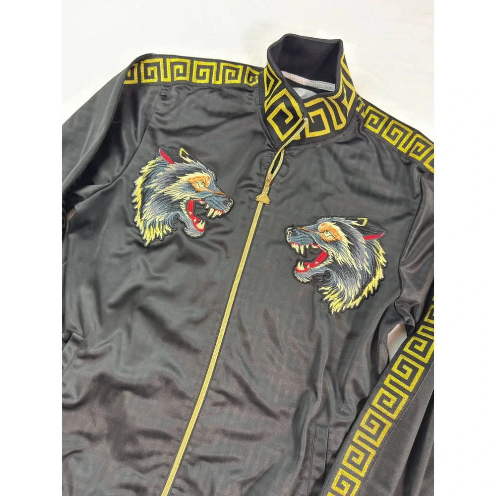 RS1NE Mens Track Jacket Black Gold Wolf Embroidered Greek Key Full Zip Large